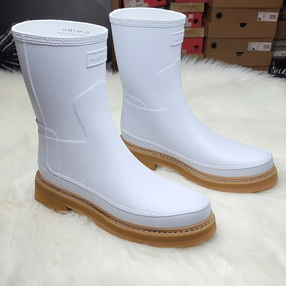 Hunter Refined Short Stitch Detail Wellington Boots Spurrey White Tan